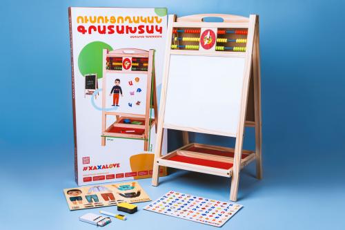 Two-sided wooden blackboard with clothes